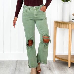 NWT Risen High Rise Distresed Crop Straight Jeans in Olive Size 3XL
